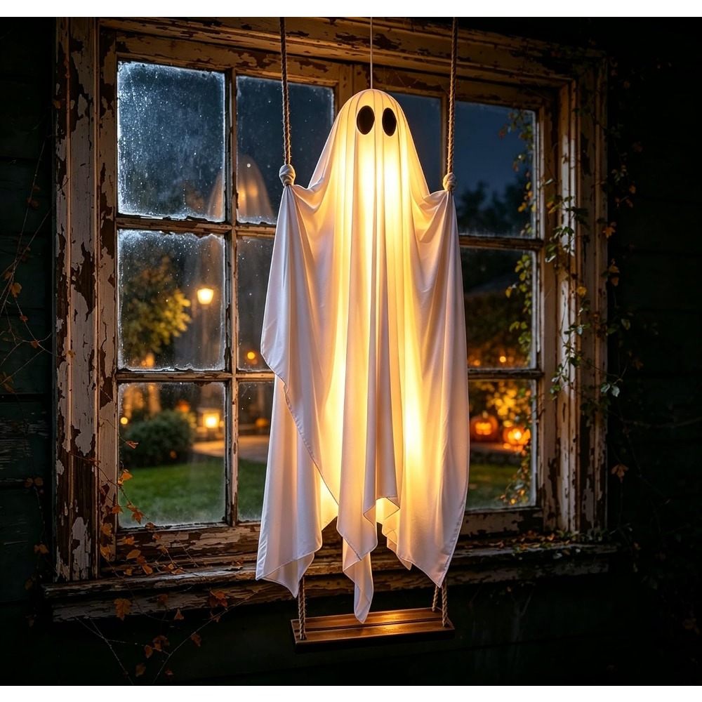 Outdoor Lighting On Trees - Halloween Glowing Ghost on Swing Hanging