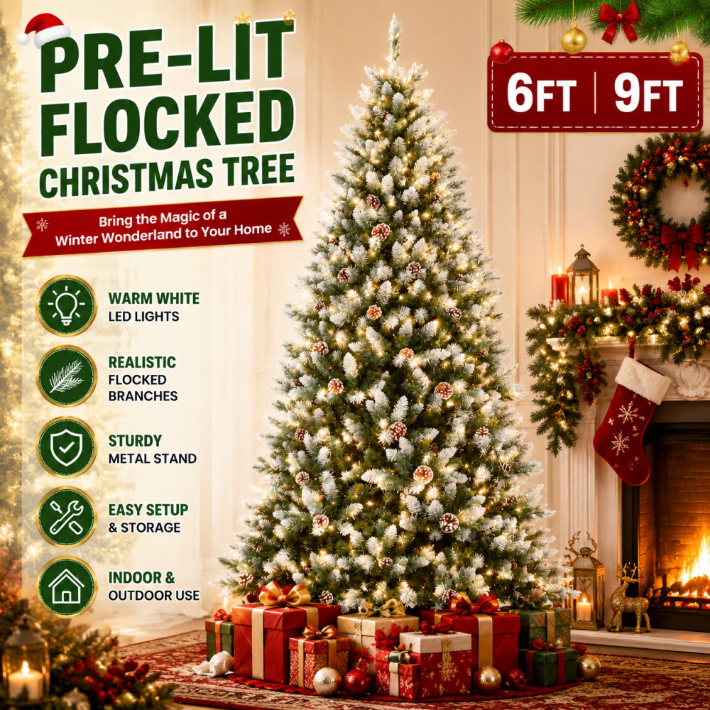 Pre-Lit Flocked Artificial Chr - đánh giá và giá Outdoor Lighting Xmas